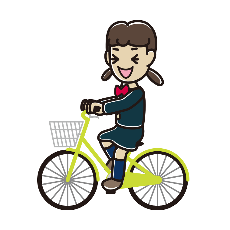 自転車に乗って笑う女子中学生のイラスト【色あり、背景なし】透過PNG