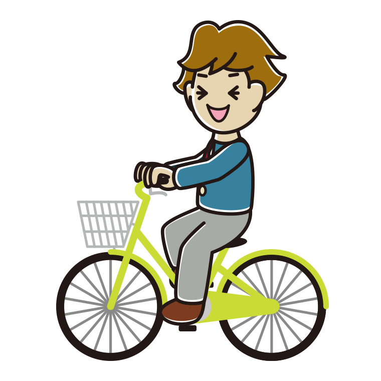 自転車に乗って笑う男子高校生のイラスト【色あり、背景なし】透過PNG