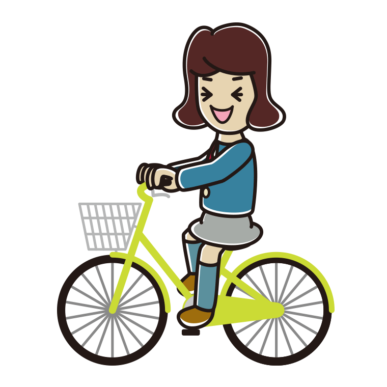 自転車に乗って笑う女子高校生のイラスト【色あり、背景なし】透過PNG
