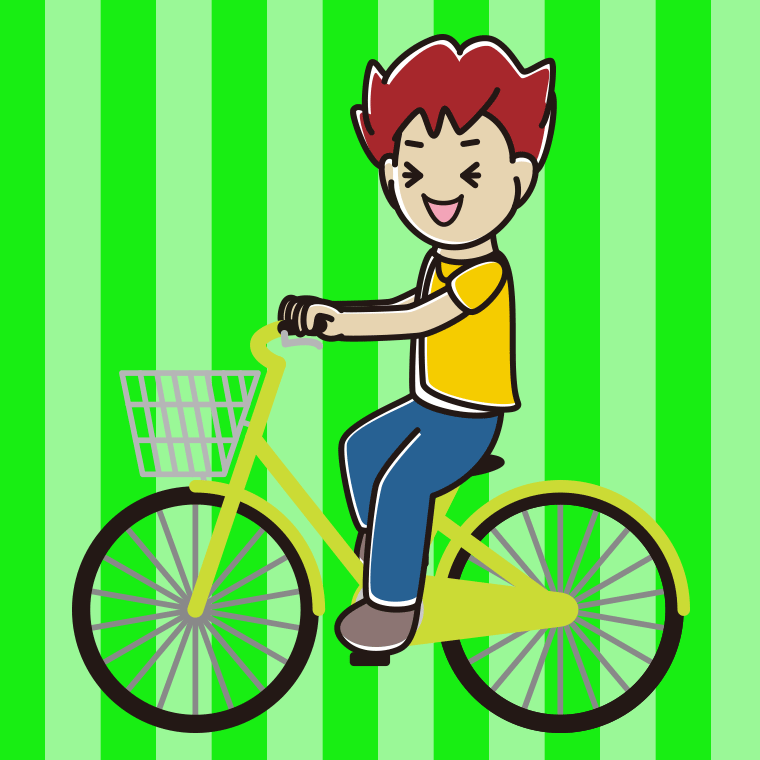 自転車に乗って笑う男子大学生のイラスト【色、背景あり】PNG