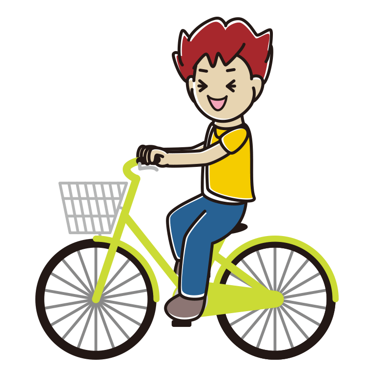 自転車に乗って笑う男子大学生のイラスト【色あり、背景なし】透過PNG