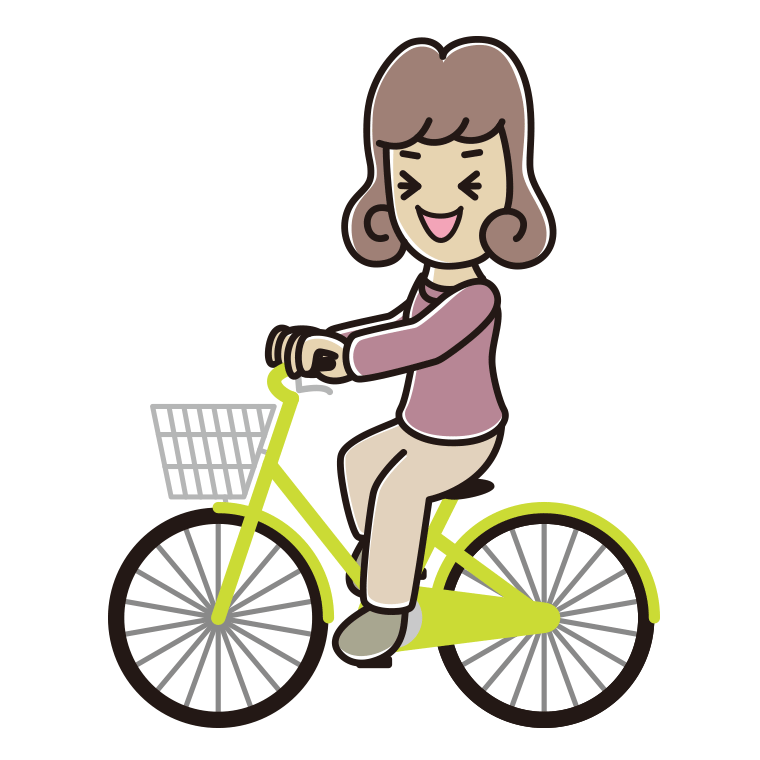 自転車に乗って笑う女子大学生のイラスト【色あり、背景なし】透過PNG