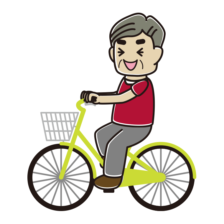 自転車に乗って笑うおじさんのイラスト【色あり、背景なし】透過PNG