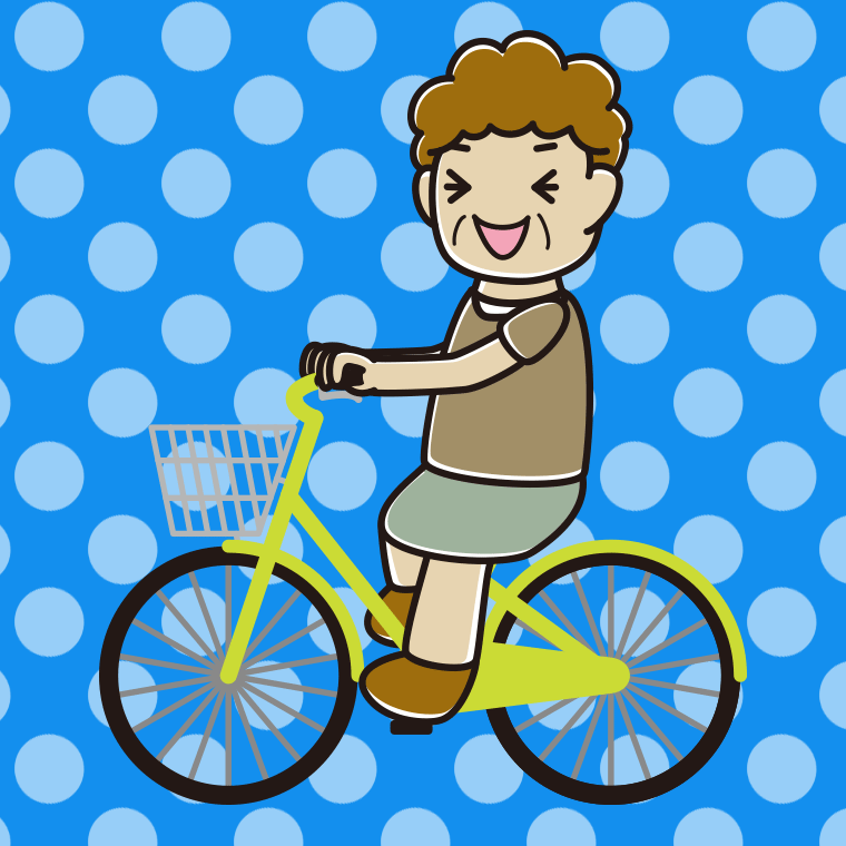 自転車に乗って笑うおばさんのイラスト【色、背景あり】PNG
