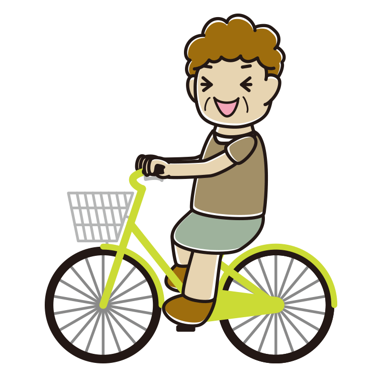 自転車に乗って笑うおばさんのイラスト【色あり、背景なし】透過PNG