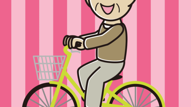 自転車に乗って笑うおじいさんのイラスト【色、背景あり】PNG