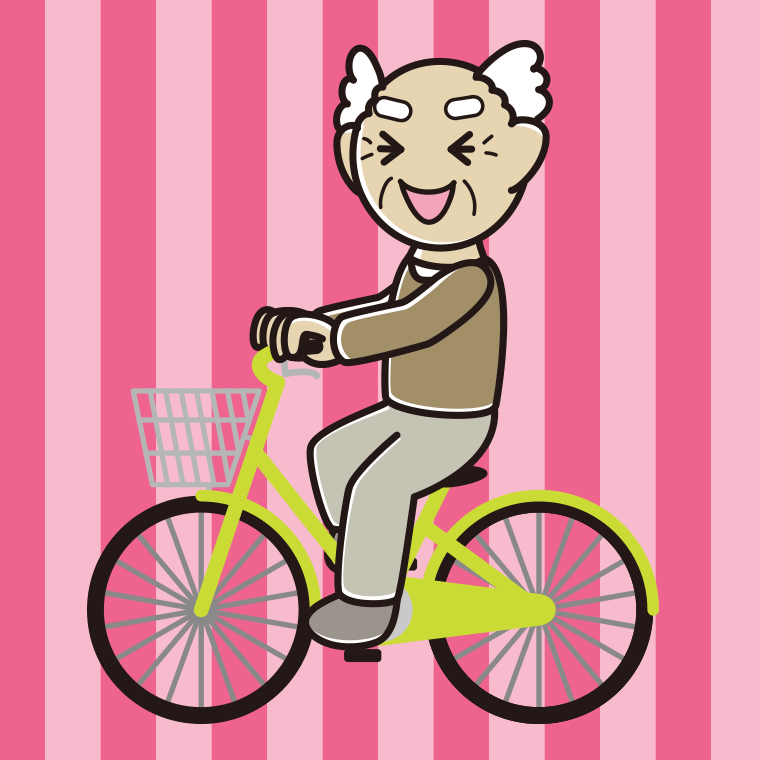 自転車に乗って笑うおじいさんのイラスト【色、背景あり】PNG
