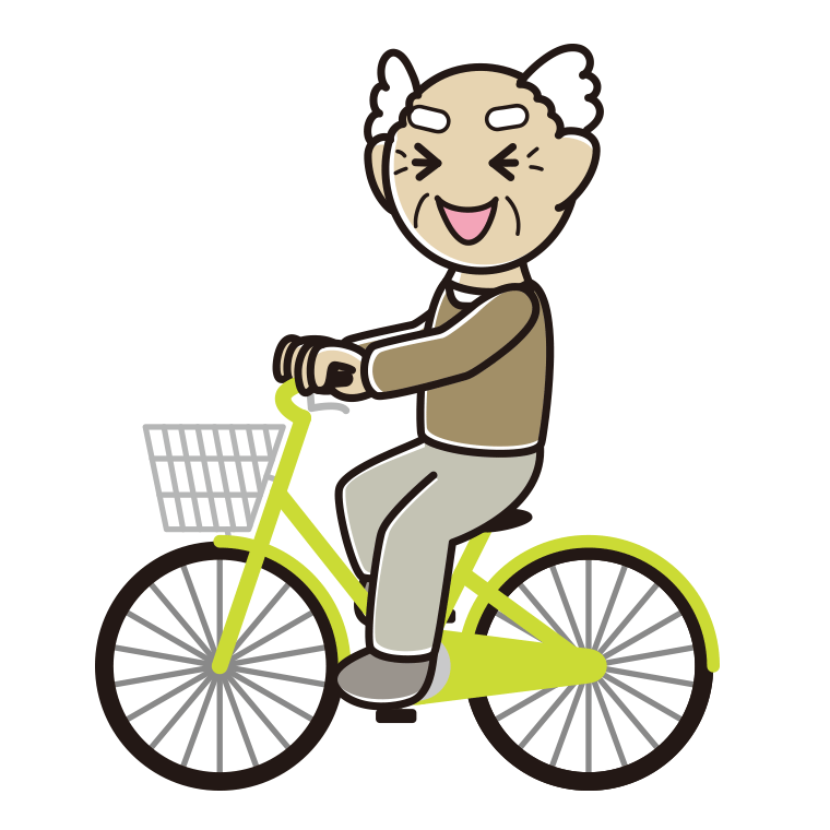 自転車に乗って笑うおじいさんのイラスト【色あり、背景なし】透過PNG