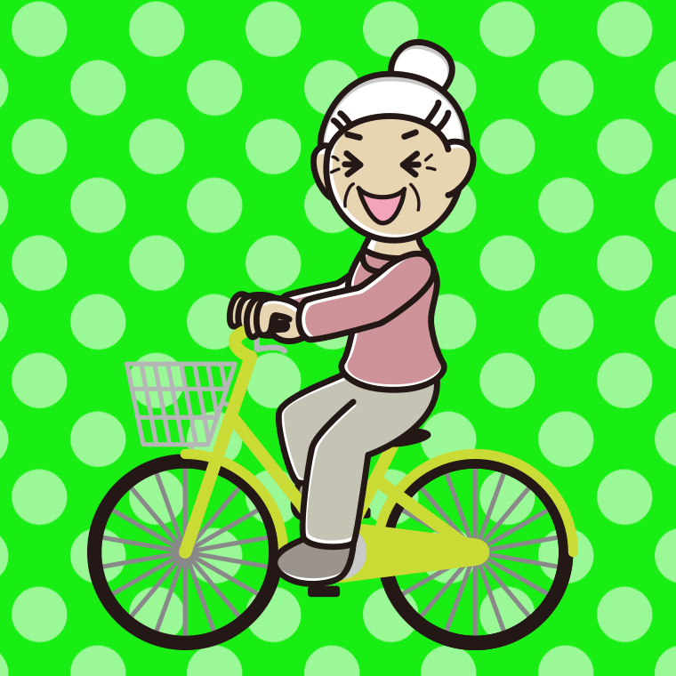自転車に乗って笑うおばあさんのイラスト【色、背景あり】PNG