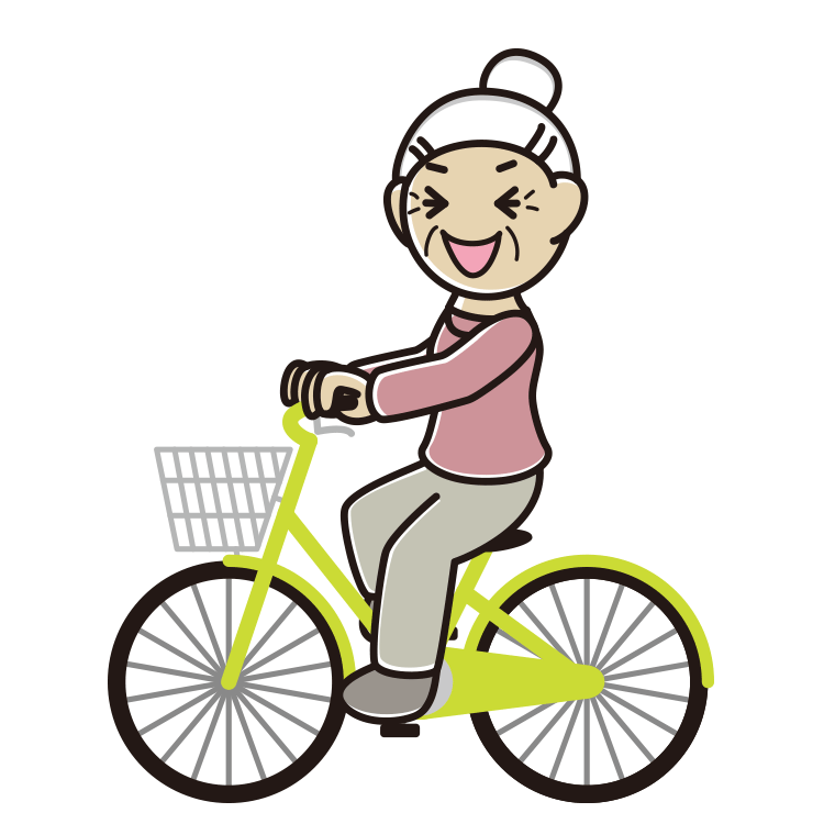 自転車に乗って笑うおばあさんのイラスト【色あり、背景なし】透過PNG