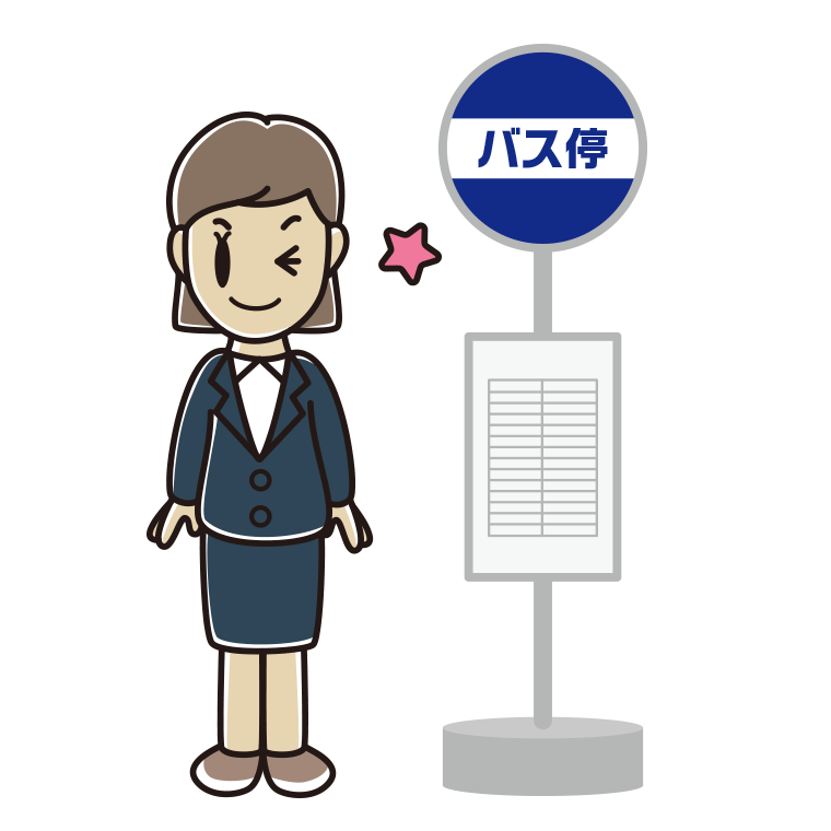 バス停でウインクする女性会社員のイラスト【色あり、背景なし】透過PNG