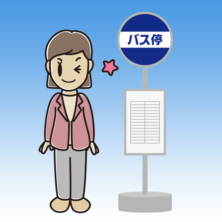 バス停でウインクする女性会社員（カジュアル）のイラスト【色、背景あり】PNG