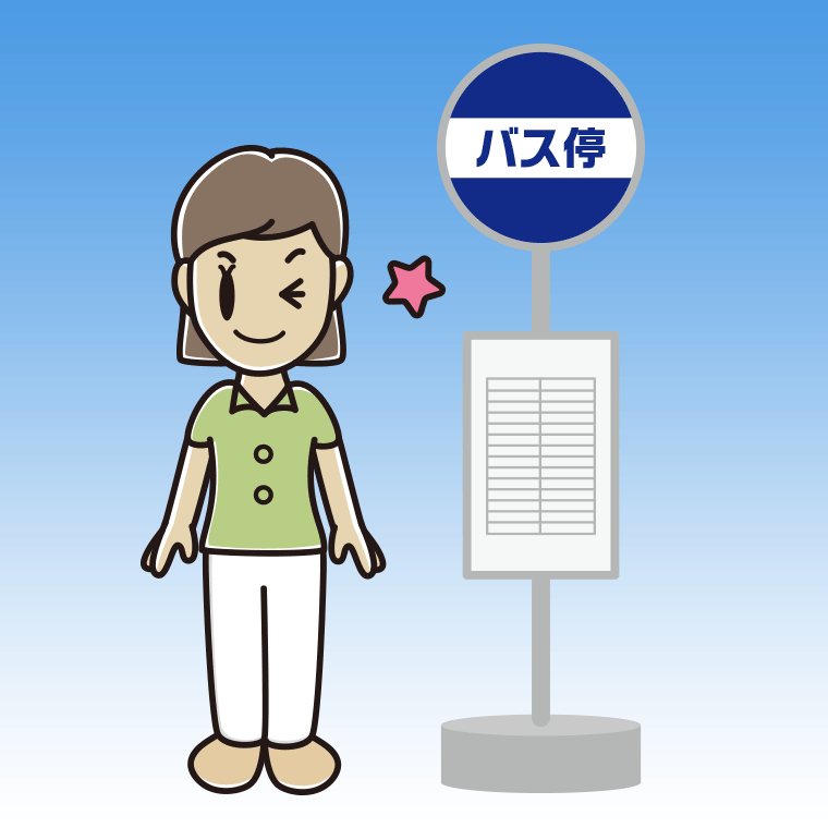 バス停でウインクする女性会社員（クールビズ）のイラスト【色、背景あり】PNG