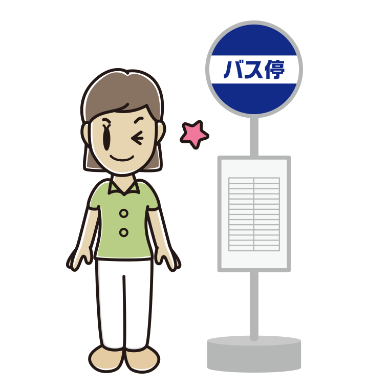 バス停でウインクする女性会社員（クールビズ）のイラスト【色あり、背景なし】透過PNG