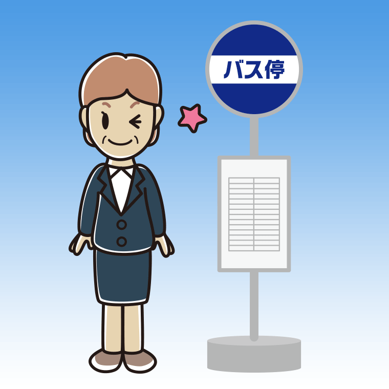 バス停でウインクする年配女性会社員のイラスト【色、背景あり】PNG