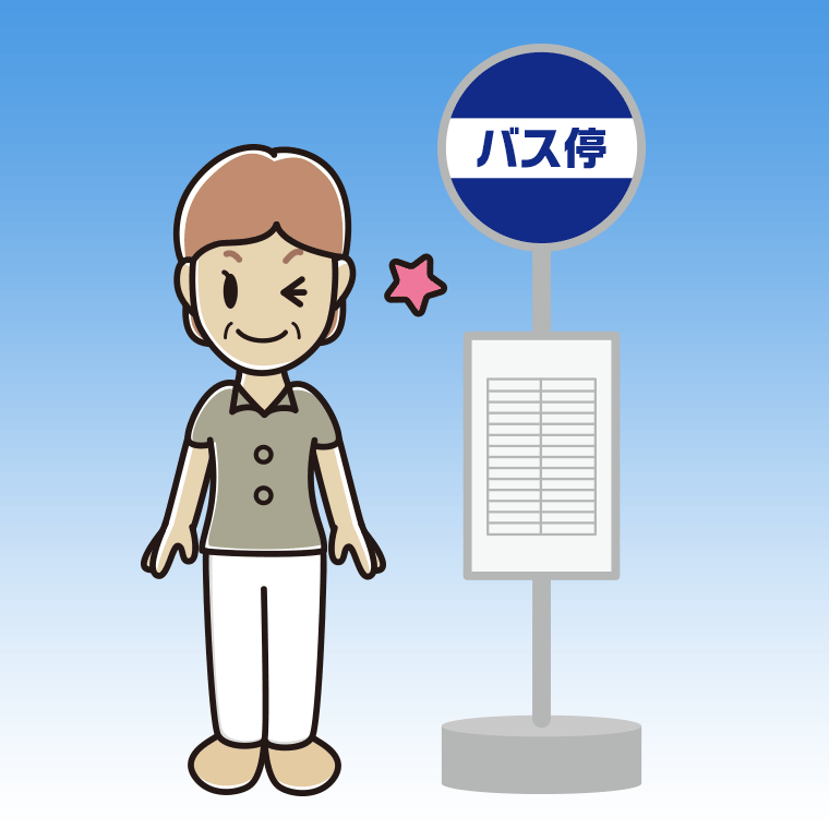 バス停でウインクする年配女性会社員（クールビズ）のイラスト【色、背景あり】PNG