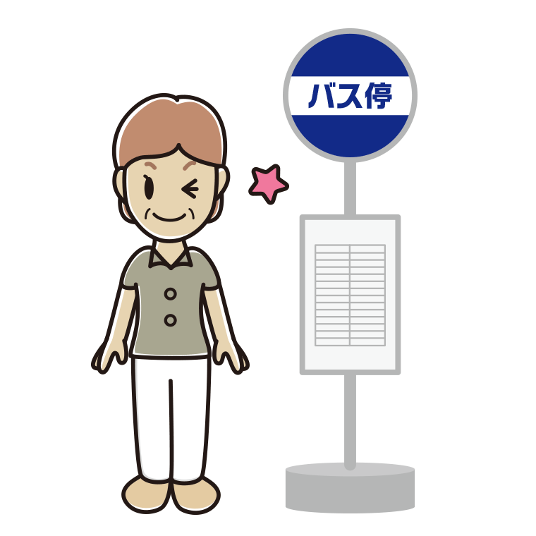 バス停でウインクする年配女性会社員（クールビズ）のイラスト【色あり、背景なし】透過PNG
