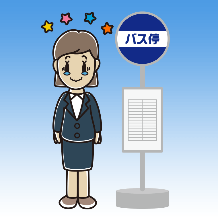 バス停でジーンとする女性会社員のイラスト【色、背景あり】PNG