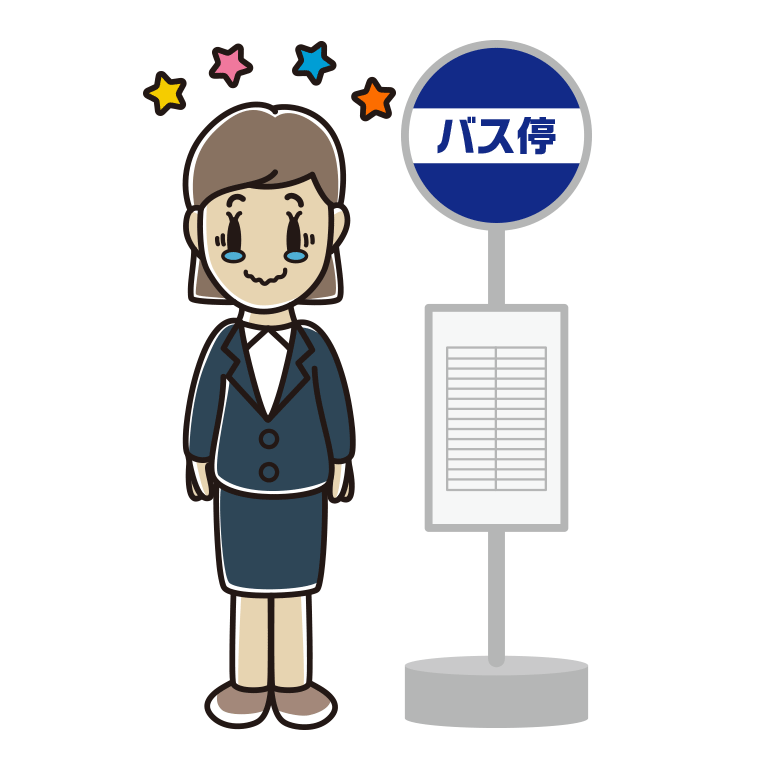 バス停でジーンとする女性会社員のイラスト【色あり、背景なし】透過PNG