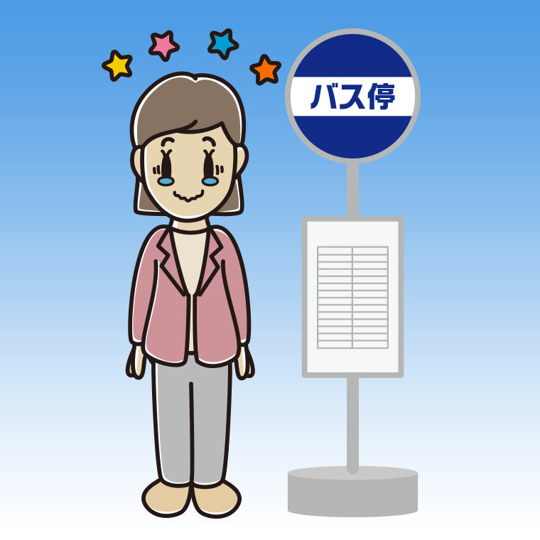 バス停でジーンとする女性会社員（カジュアル）のイラスト【色、背景あり】PNG