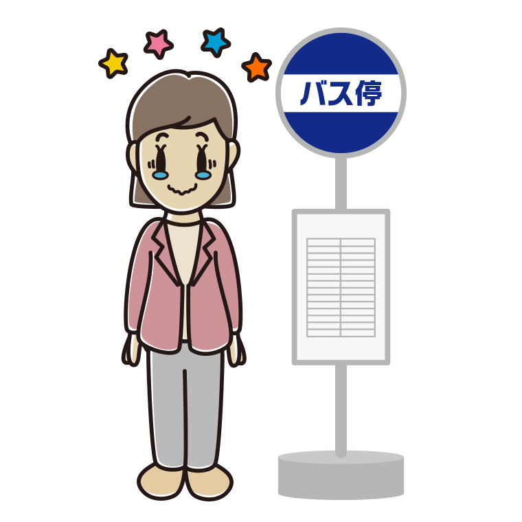 バス停でジーンとする女性会社員（カジュアル）のイラスト【色あり、背景なし】透過PNG