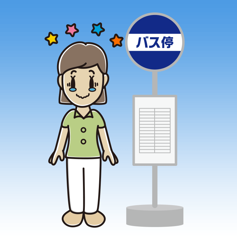 バス停でジーンとする女性会社員（クールビズ）のイラスト【色、背景あり】PNG