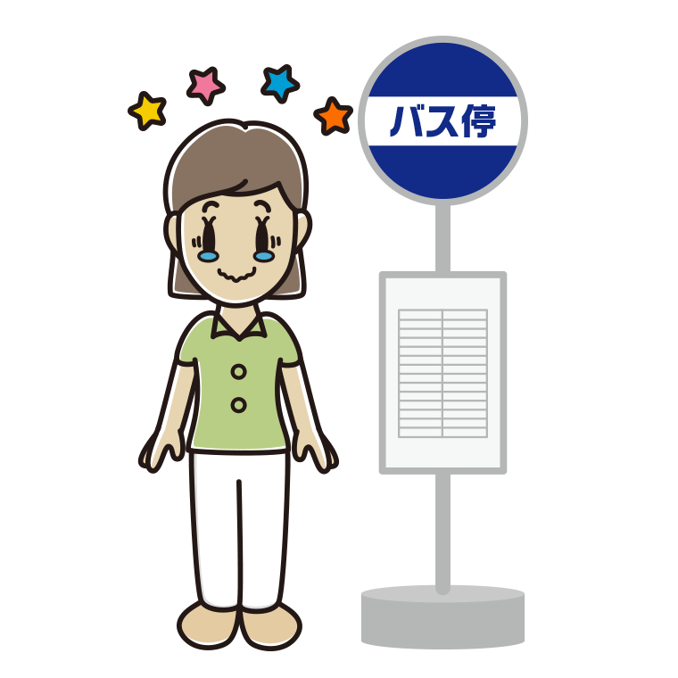 バス停でジーンとする女性会社員（クールビズ）のイラスト【色あり、背景なし】透過PNG