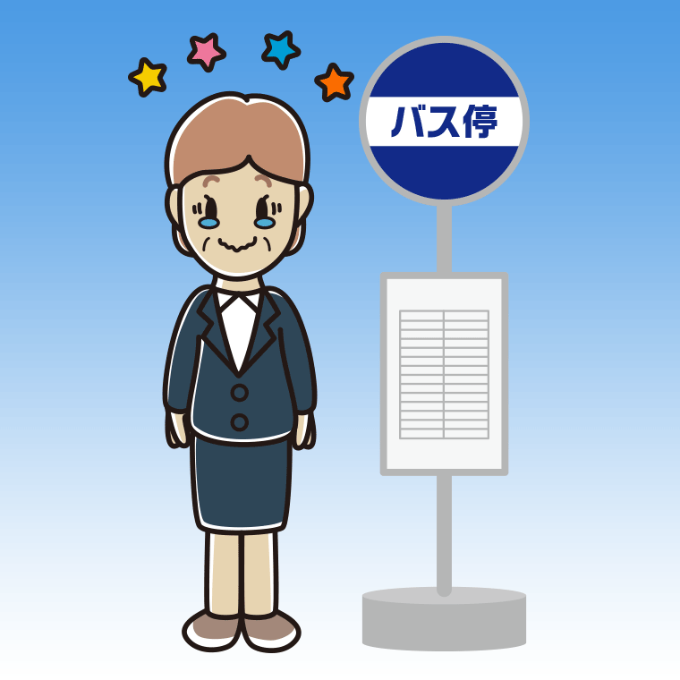 バス停でジーンとする年配女性会社員のイラスト【色、背景あり】PNG