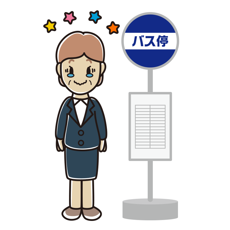 バス停でジーンとする年配女性会社員のイラスト【色あり、背景なし】透過PNG