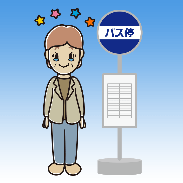 バス停でジーンとする年配女性会社員（カジュアル）のイラスト【色、背景あり】PNG