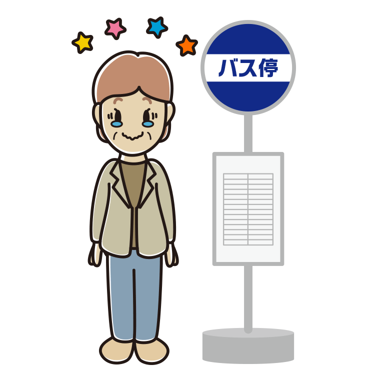 バス停でジーンとする年配女性会社員（カジュアル）のイラスト【色あり、背景なし】透過PNG