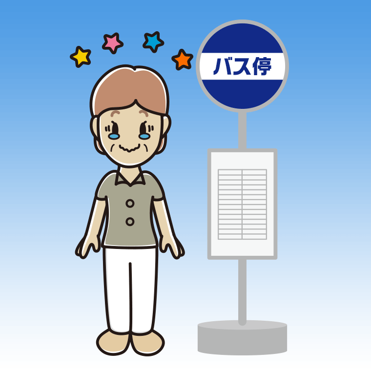 バス停でジーンとする年配女性会社員（クールビズ）のイラスト【色、背景あり】PNG