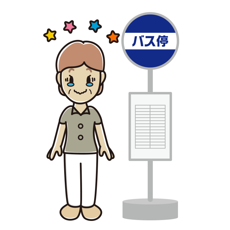 バス停でジーンとする年配女性会社員（クールビズ）のイラスト【色あり、背景なし】透過PNG
