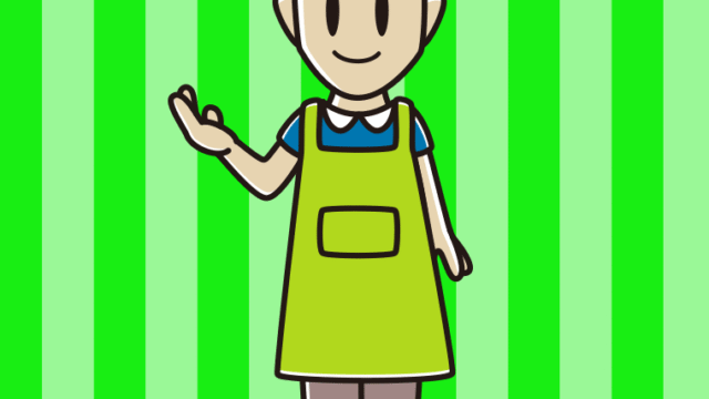 案内するエプロン姿の男性のイラスト【色、背景あり】PNG