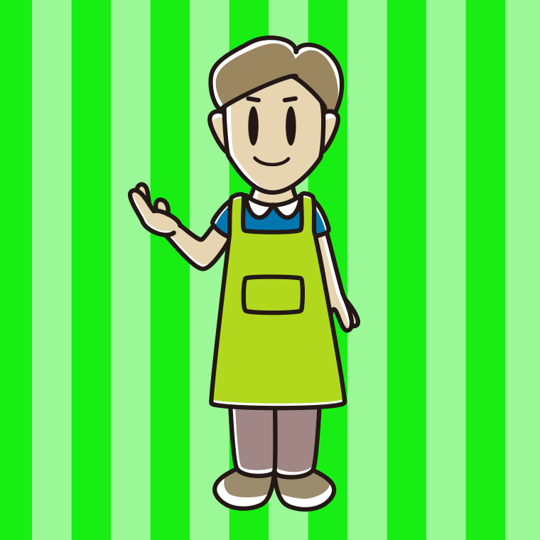 案内するエプロン姿の男性のイラスト【色、背景あり】PNG