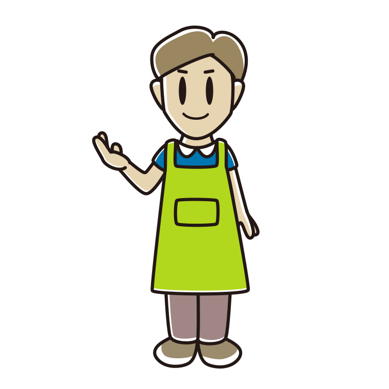 案内するエプロン姿の男性のイラスト【色あり、背景なし】透過PNG