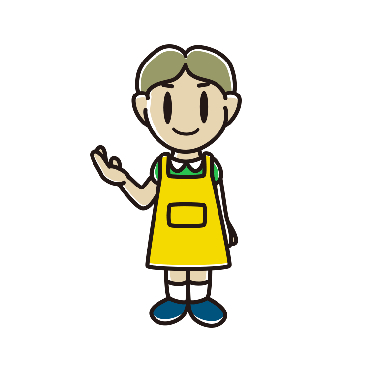 案内するエプロン姿の小学生男子のイラスト【色あり、背景なし】透過PNG