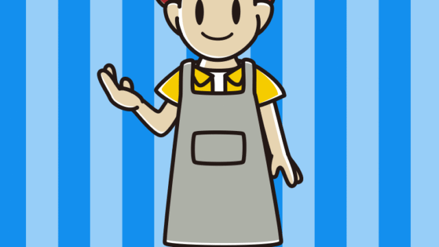 案内するエプロン姿の男子大学生のイラスト【色、背景あり】PNG