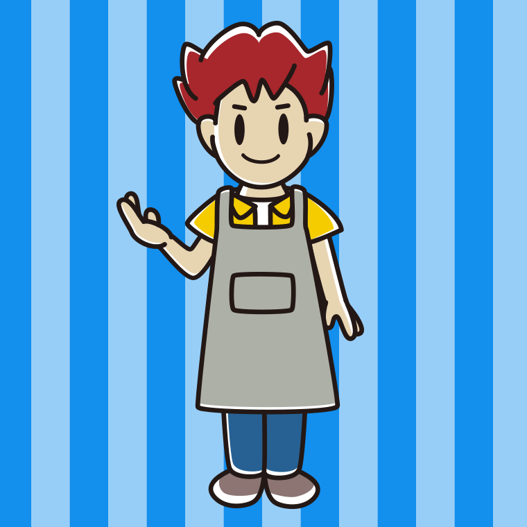 案内するエプロン姿の男子大学生のイラスト【色、背景あり】PNG