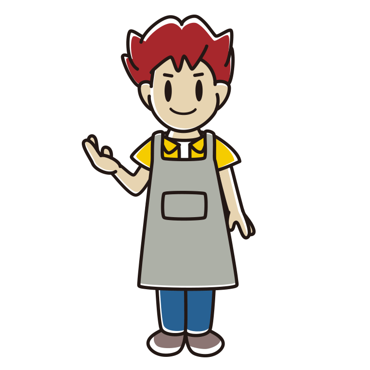 案内するエプロン姿の男子大学生のイラスト【色あり、背景なし】透過PNG
