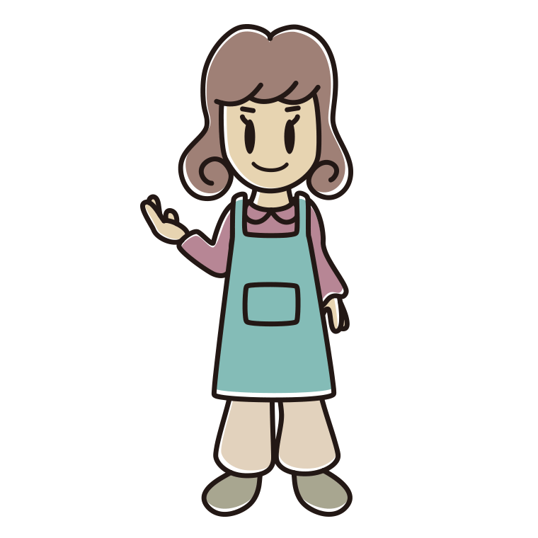 案内するエプロン姿の女子大学生のイラスト【色あり、背景なし】透過PNG