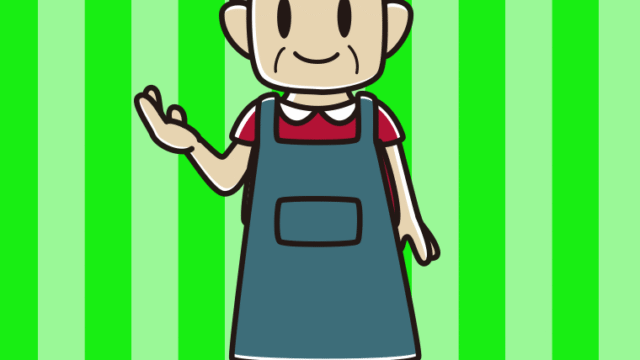 案内するエプロン姿のおじさんのイラスト【色、背景あり】PNG