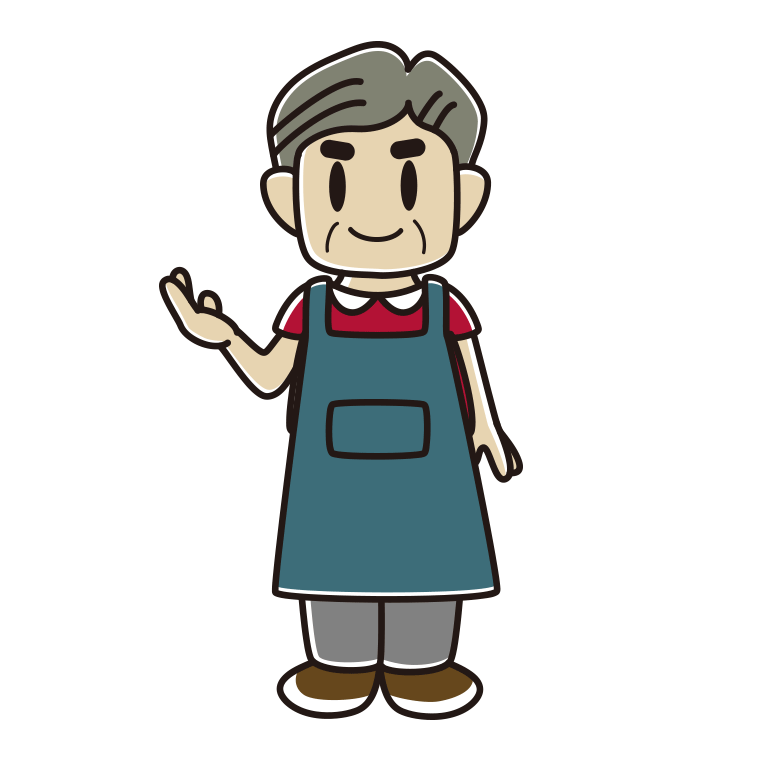 案内するエプロン姿のおじさんのイラスト【色あり、背景なし】透過PNG