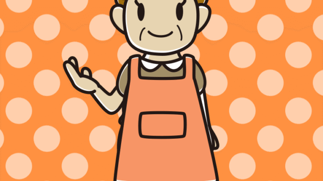 案内するエプロン姿のおばさんのイラスト【色、背景あり】PNG