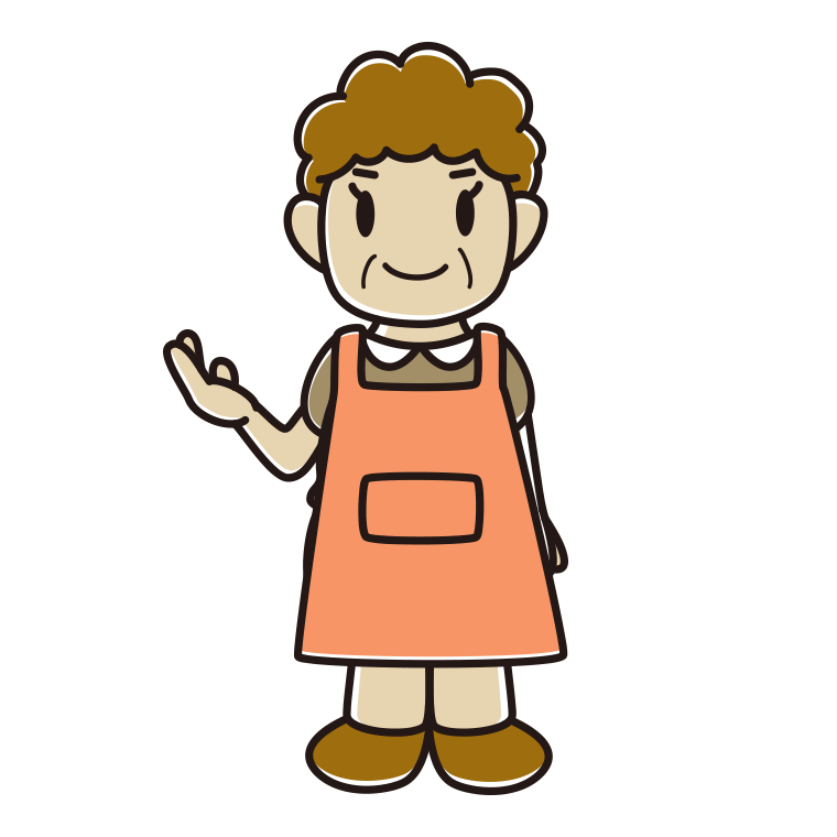 案内するエプロン姿のおばさんのイラスト【色あり、背景なし】透過PNG