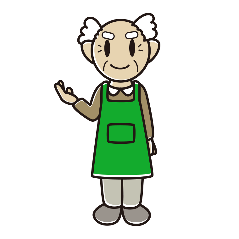 案内するエプロン姿のおじいさんのイラスト【色あり、背景なし】透過PNG