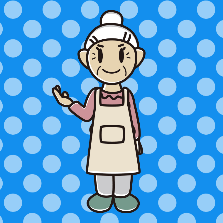 案内するエプロン姿のおばあさんのイラスト【色、背景あり】PNG