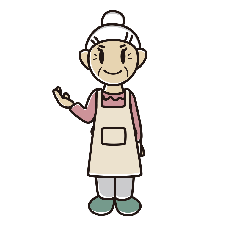 案内するエプロン姿のおばあさんのイラスト【色あり、背景なし】透過PNG