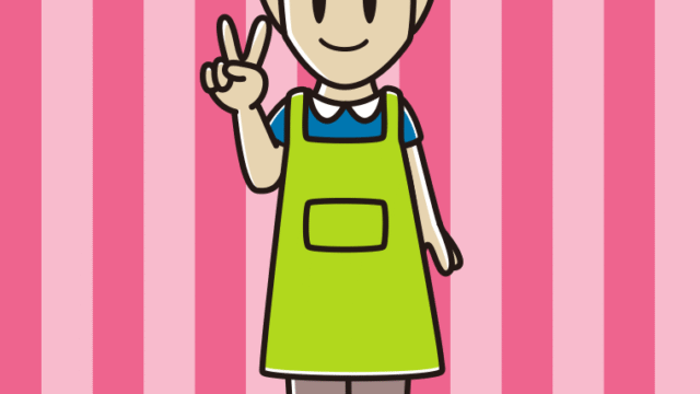 ピースをするエプロン姿の男性のイラスト【色、背景あり】PNG