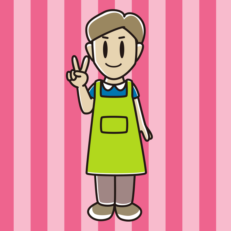 ピースをするエプロン姿の男性のイラスト【色、背景あり】PNG